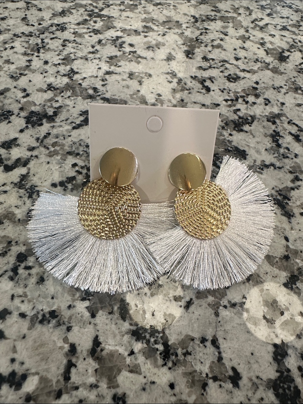NWOT - Gold Disc Earrings with White Fan Fringe - Women Jewelry